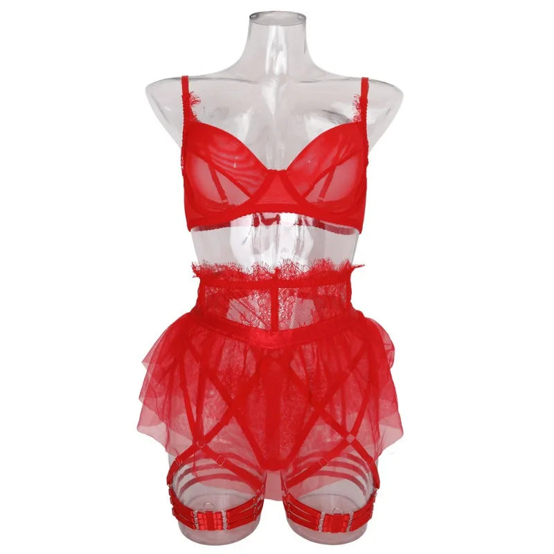 4 Piece Set Sexy Lingerie Set - Ruffled Skirt Garter Socks Sexy Underwear Suit