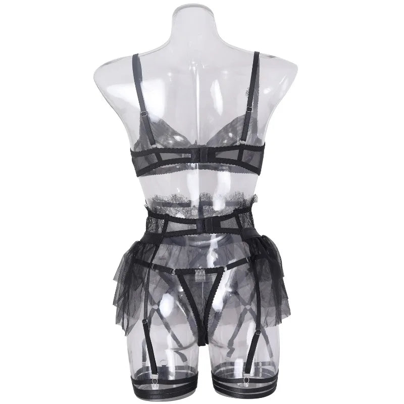 4 Piece Set Sexy Lingerie Set - Ruffled Skirt Garter Socks Sexy Underwear Suit