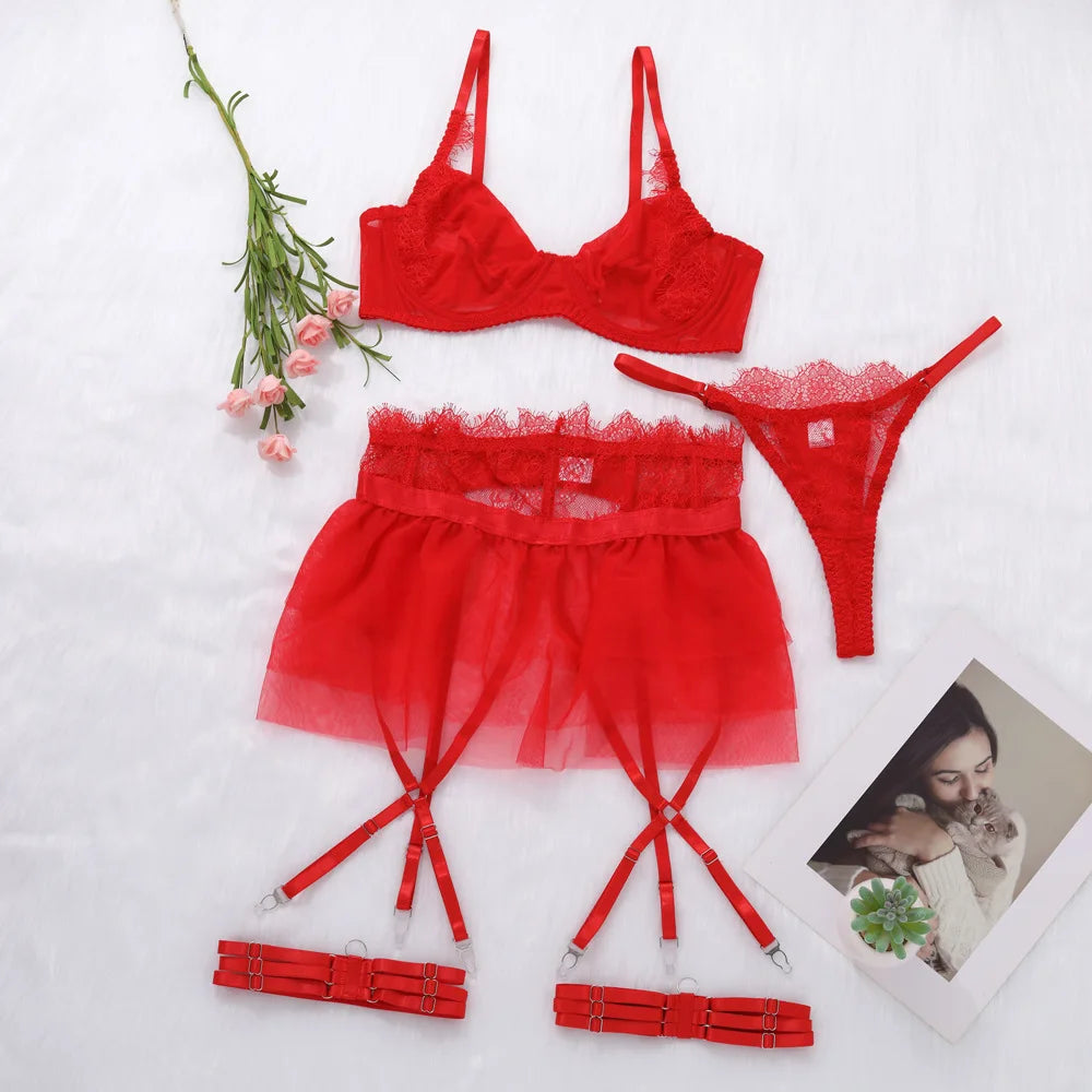 4 Piece Set Sexy Lingerie Set - Ruffled Skirt Garter Socks Sexy Underwear Suit