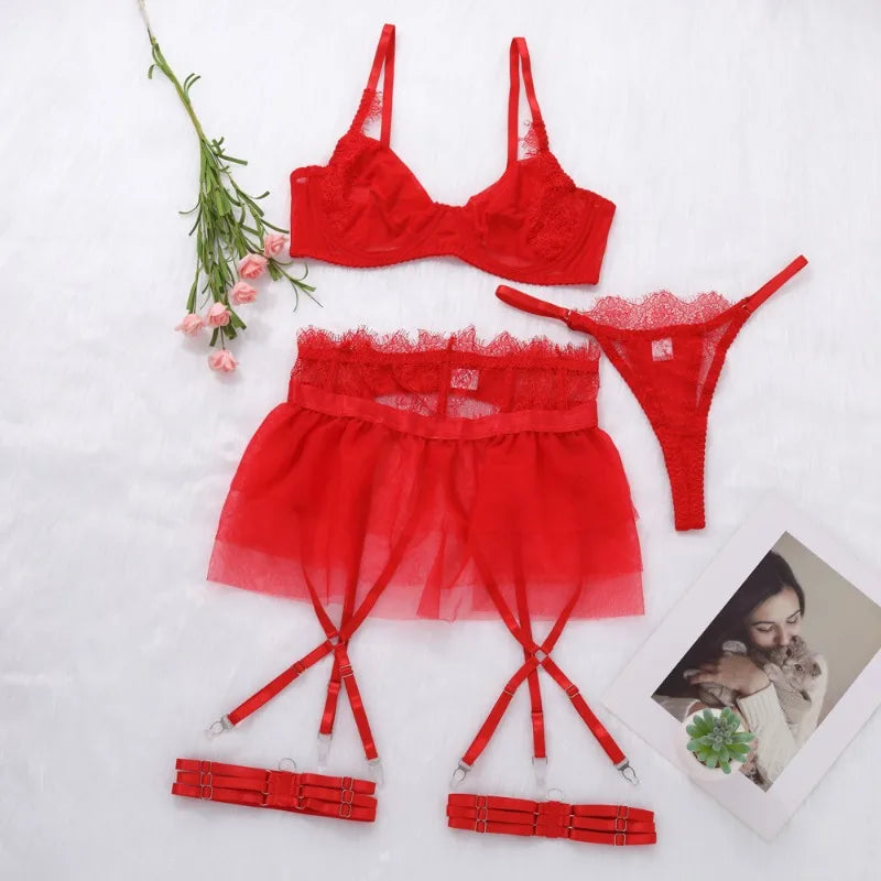 4 Piece Set Sexy Lingerie Set - Ruffled Skirt Garter Socks Sexy Underwear Suit