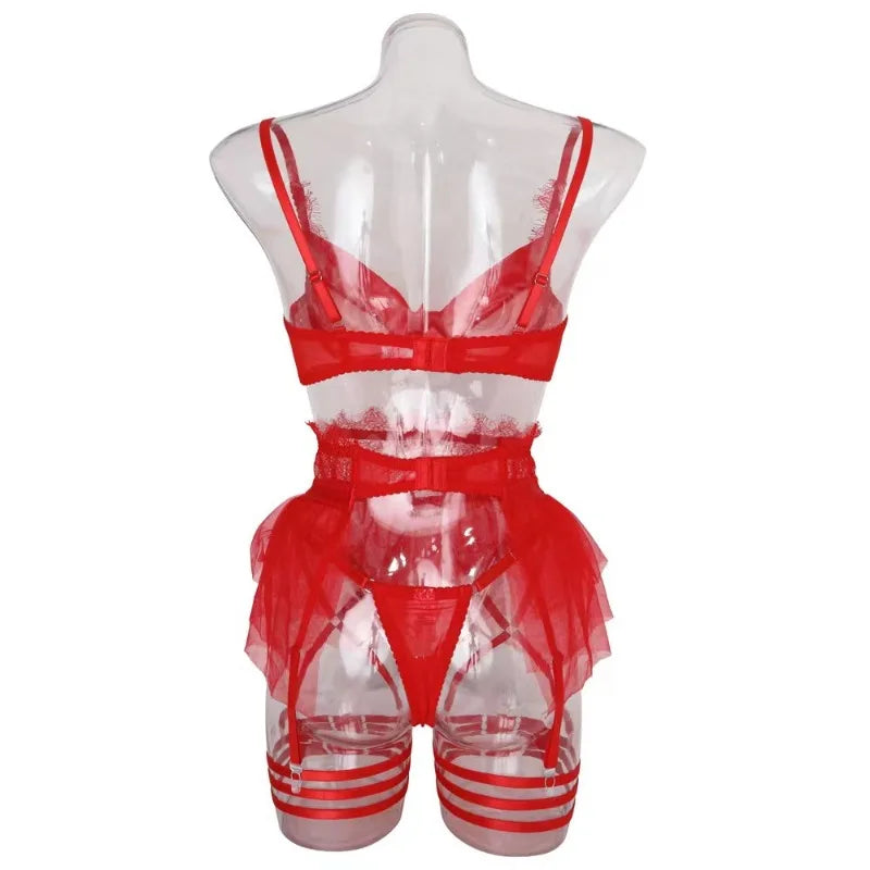4 Piece Set Sexy Lingerie Set - Ruffled Skirt Garter Socks Sexy Underwear Suit