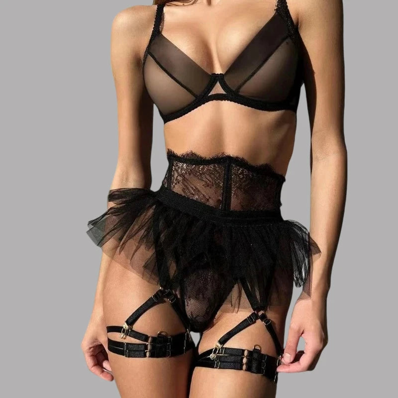 4 Piece Set Sexy Lingerie Set - Ruffled Skirt Garter Socks Sexy Underwear Suit