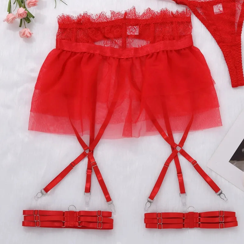 4 Piece Set Sexy Lingerie Set - Ruffled Skirt Garter Socks Sexy Underwear Suit