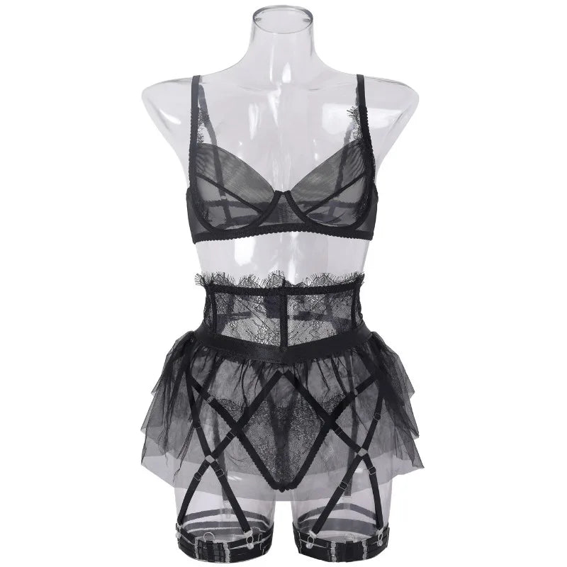 4 Piece Set Sexy Lingerie Set - Ruffled Skirt Garter Socks Sexy Underwear Suit