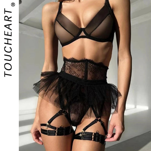 4 Piece Set Sexy Lingerie Set - Ruffled Skirt Garter Socks Sexy Underwear Suit