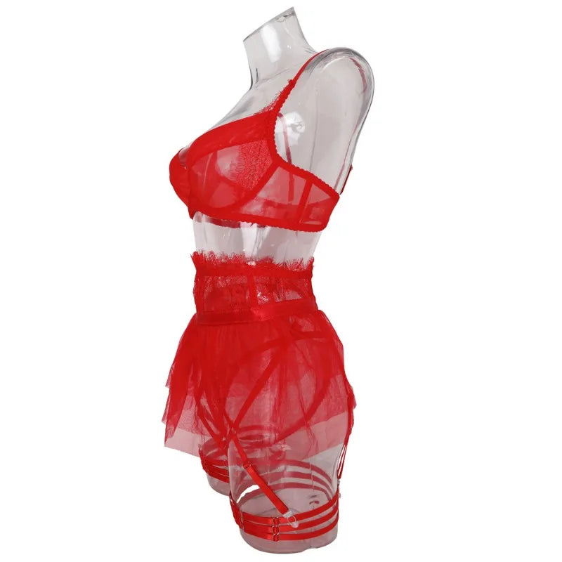 4 Piece Set Sexy Lingerie Set - Ruffled Skirt Garter Socks Sexy Underwear Suit
