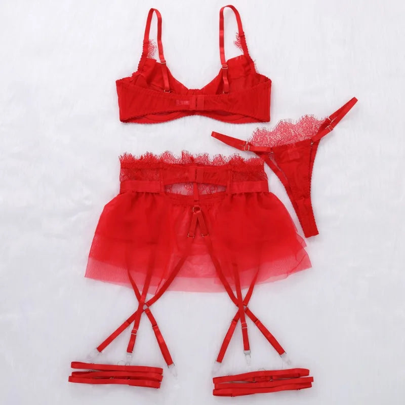 4 Piece Set Sexy Lingerie Set - Ruffled Skirt Garter Socks Sexy Underwear Suit