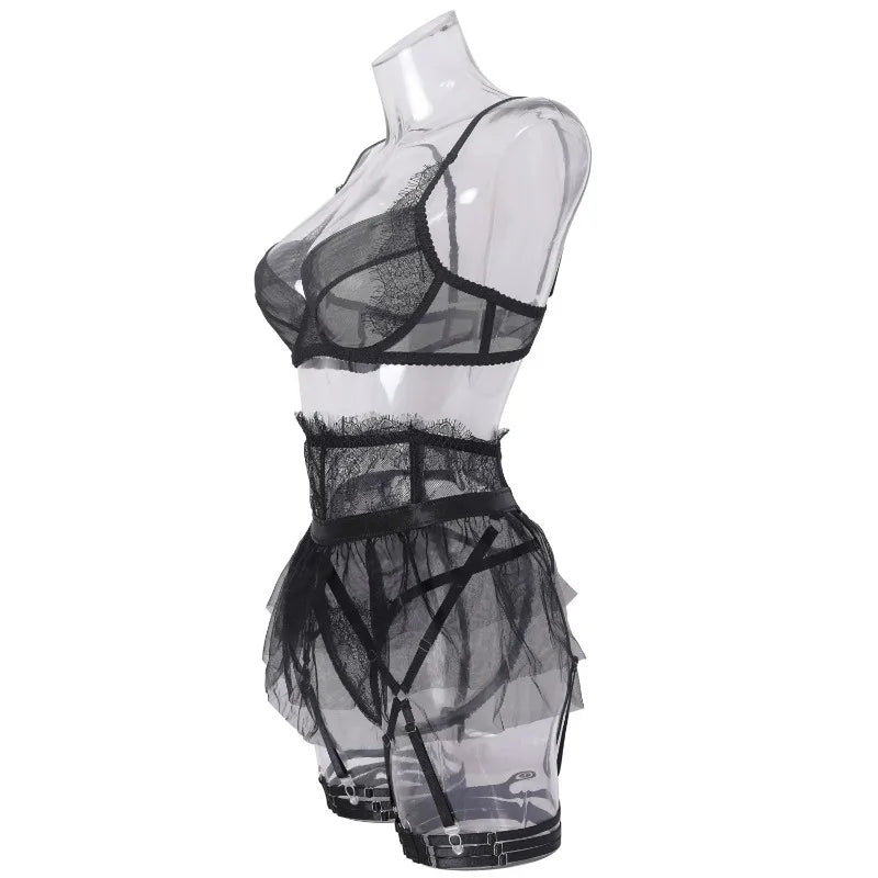 4 Piece Set Sexy Lingerie Set - Ruffled Skirt Garter Socks Sexy Underwear Suit