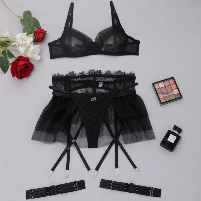 4 Piece Set Sexy Lingerie Set - Ruffled Skirt Garter Socks Sexy Underwear Suit